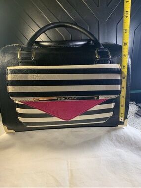 Betsey Johnson Dead stock  Black & White Striped Satchel with Pink Accent